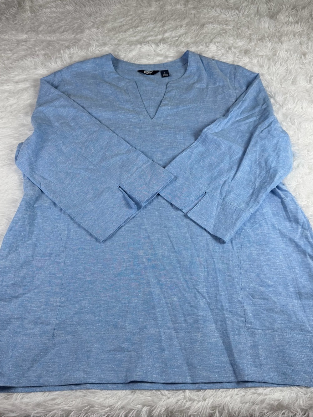Lands end women L blue linen viscose tunic top split v neck long sleeve casual